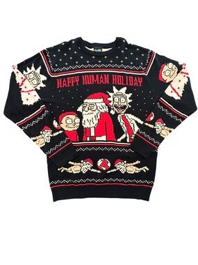 Men’s Rick & Morty ugly Christmas sweater Happy Human holiday kitschy, unisex L